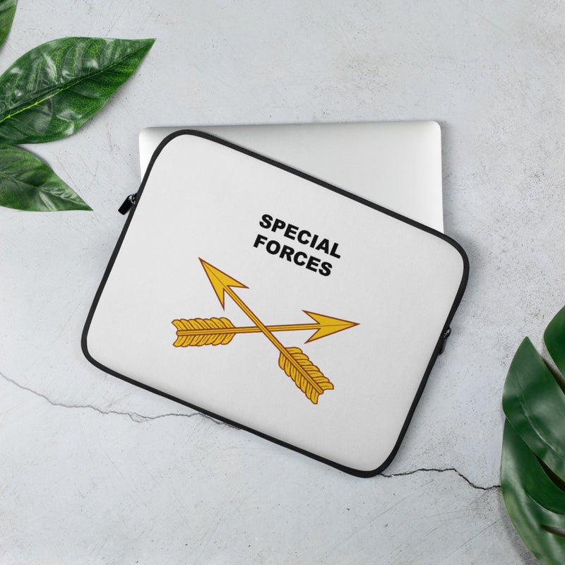 A lightweight and water-resistant white Laptop Sleeve with the Special Forces logo printed on top. The laptop sleeve is designed to fit a 13" laptop.