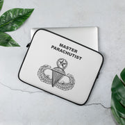A lightweight and water-resistant white Laptop Sleeve with the Master Parachutist logo printed on top. The laptop sleeve is designed to fit a 13" laptop.