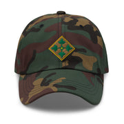 A military style 4th Infantry Division Division Hat with camouflage and the logo on the front.  The hat has a curved visor and an adjustable strap at the back. 
