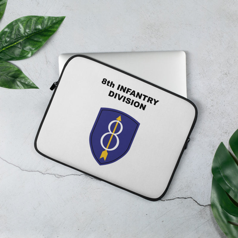 A lightweight and water-resistant white Laptop Sleeve with the 8th Infantry Division logo printed on top. The laptop sleeve is designed to fit a 13" laptop.