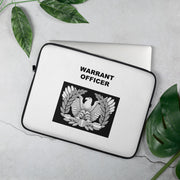 A lightweight and water-resistant white Laptop Sleeve with the Warrant Officer logo printed on top. The laptop sleeve is designed to fit a 15" laptop.