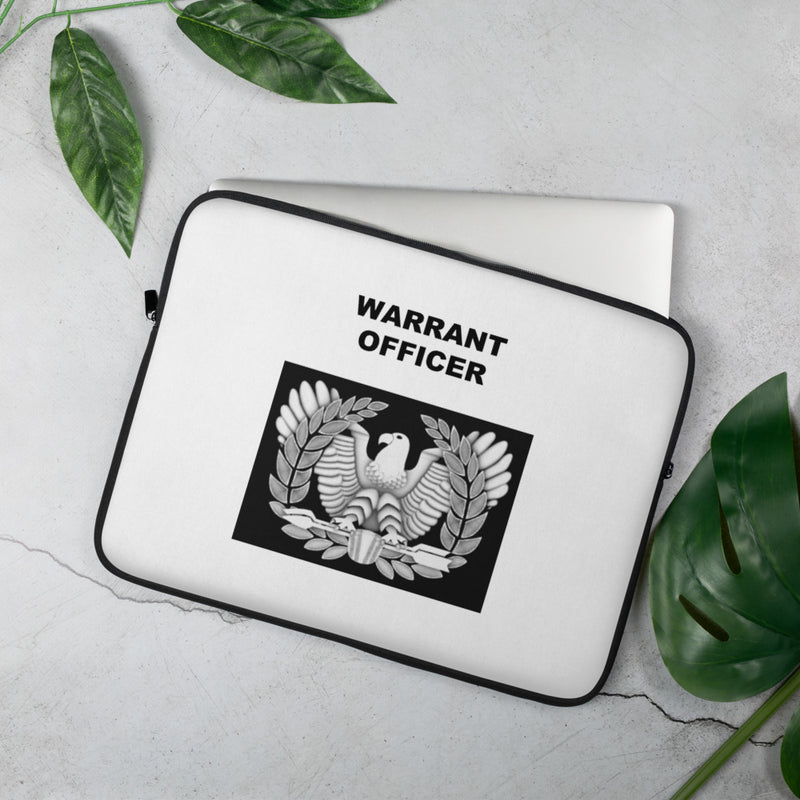 A lightweight and water-resistant white Laptop Sleeve with the Warrant Officer logo printed on top. The laptop sleeve is designed to fit a 15" laptop.