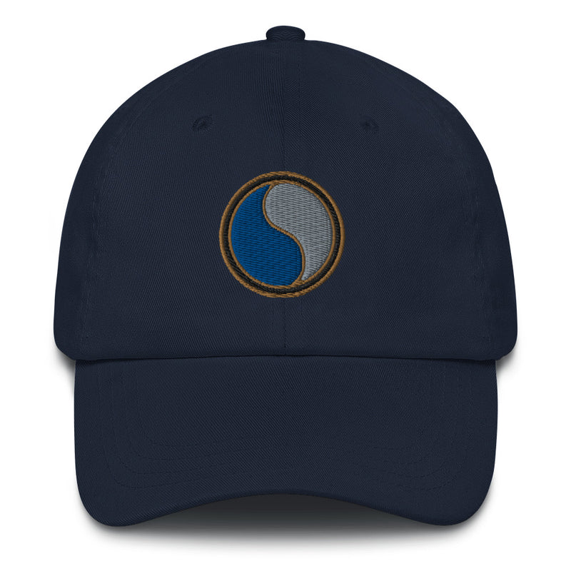 A navy blue 29th Infantry Division Hat with the logo on the front.  The hat has a curved visor and an adjustable strap at the back.