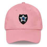 A pink 2nd Infantry Division Hat with the logo on the front.  The hat has a curved visor and an adjustable strap at the back.