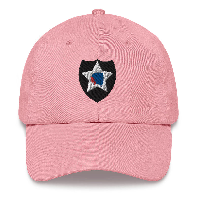 A pink 2nd Infantry Division Hat with the logo on the front.  The hat has a curved visor and an adjustable strap at the back.