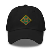 A black 4th Infantry Division Hat with the logo on the front.  The hat has a curved visor and an adjustable strap at the back.