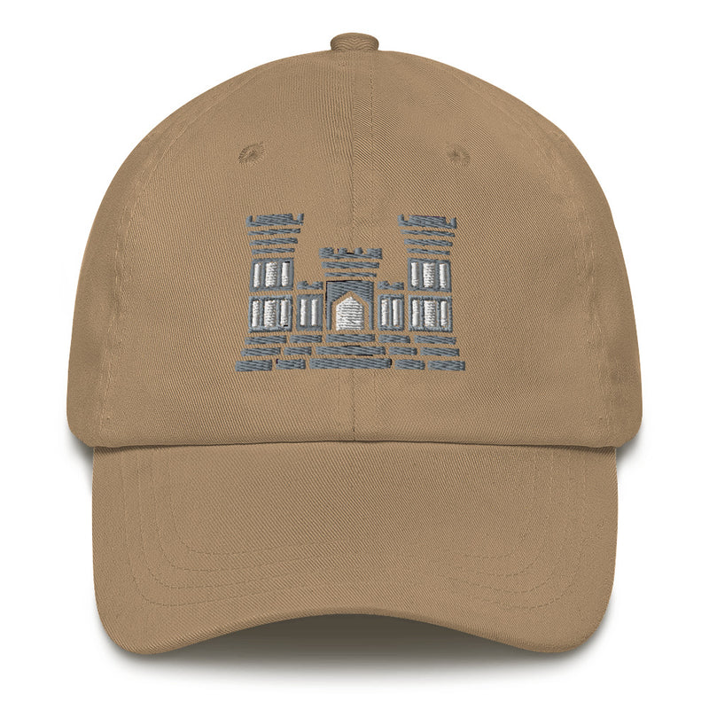 A khaki colored Combat Engineer Hat with the logo on the front.  The hat has a curved visor and an adjustable strap at the back.