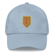 A light blue 1st Infantry Division Hat with the logo on the front.  The hat has a curved visor and an adjustable strap at the back.