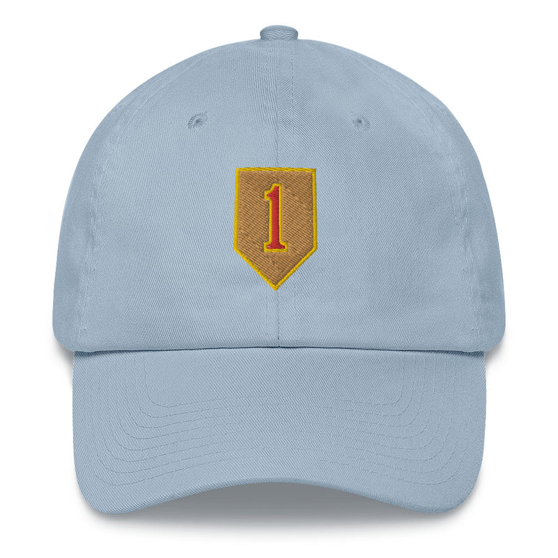 A light blue 1st Infantry Division Hat with the logo on the front.  The hat has a curved visor and an adjustable strap at the back.