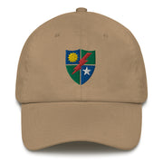 A khaki colored 75th Ranger Regiment Hat with the logo on the front.  The hat has a curved visor and an adjustable strap at the back.