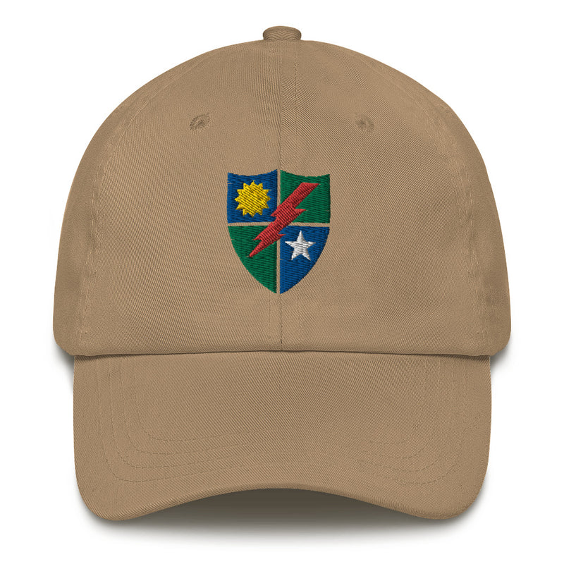 A khaki colored 75th Ranger Regiment Hat with the logo on the front.  The hat has a curved visor and an adjustable strap at the back.