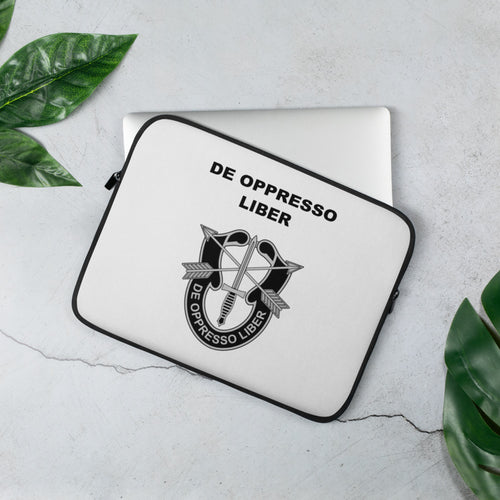 A lightweight and water-resistant white Laptop Sleeve with the De Oppresso Liber logo printed on top. The laptop sleeve is designed to fit a 13" laptop.