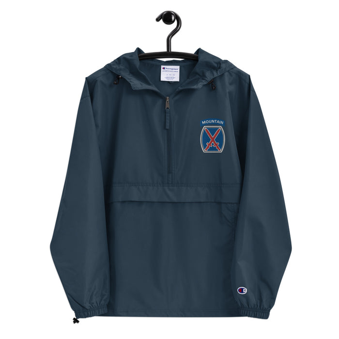 10th Mountain Division Navy Champion packable jacket with a detailed embroidered logo.