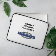 A lightweight and water-resistant white Laptop Sleeve with the Combat Infantry 2nd Award logo printed on top. The laptop sleeve is designed to fit a 15" laptop.