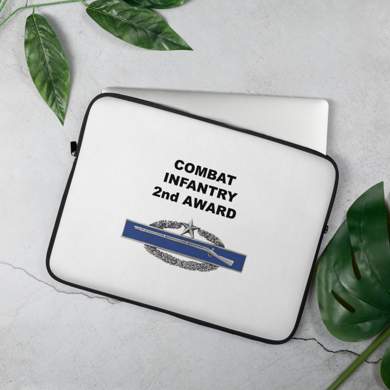 A lightweight and water-resistant white Laptop Sleeve with the Combat Infantry 2nd Award logo printed on top. The laptop sleeve is designed to fit a 15" laptop.