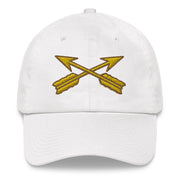 A white Special Forces Division Hat with the logo on the front.  The hat has a curved visor and an adjustable strap at the back.