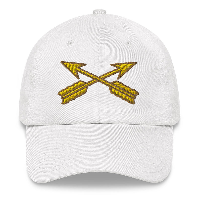 A white Special Forces Division Hat with the logo on the front.  The hat has a curved visor and an adjustable strap at the back.
