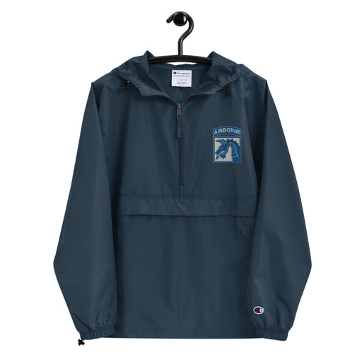 XVIII Airborne Navy Champion packable jacket with a detailed embroidered logo.