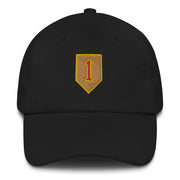 A black 1st Infantry Division Hat with the logo on the front.  The hat has a curved visor and an adjustable strap at the back.