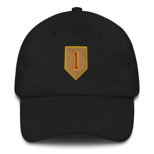 A black 1st Infantry Division Hat with the logo on the front.  The hat has a curved visor and an adjustable strap at the back.