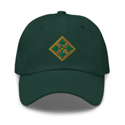 A spruce colored 4th Infantry Division Division Hat with the logo on the front.  The hat has a curved visor and an adjustable strap at the back.