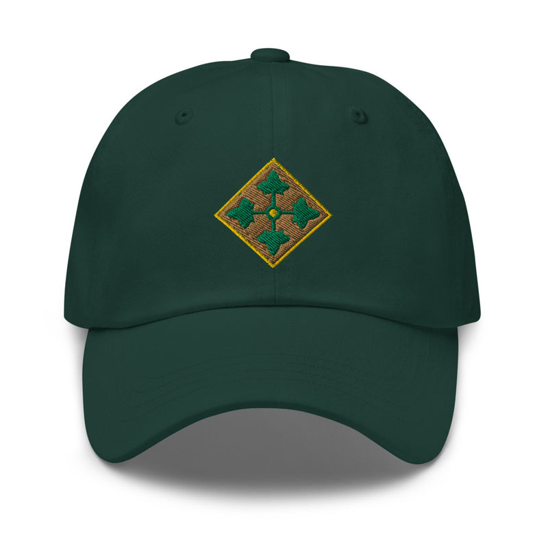 A spruce colored 4th Infantry Division Division Hat with the logo on the front.  The hat has a curved visor and an adjustable strap at the back.