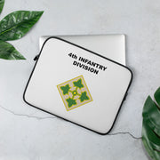 A lightweight and water-resistant white Laptop Sleeve with the 4th Infantry Division logo printed on top. The laptop sleeve is designed to fit a 13" laptop.