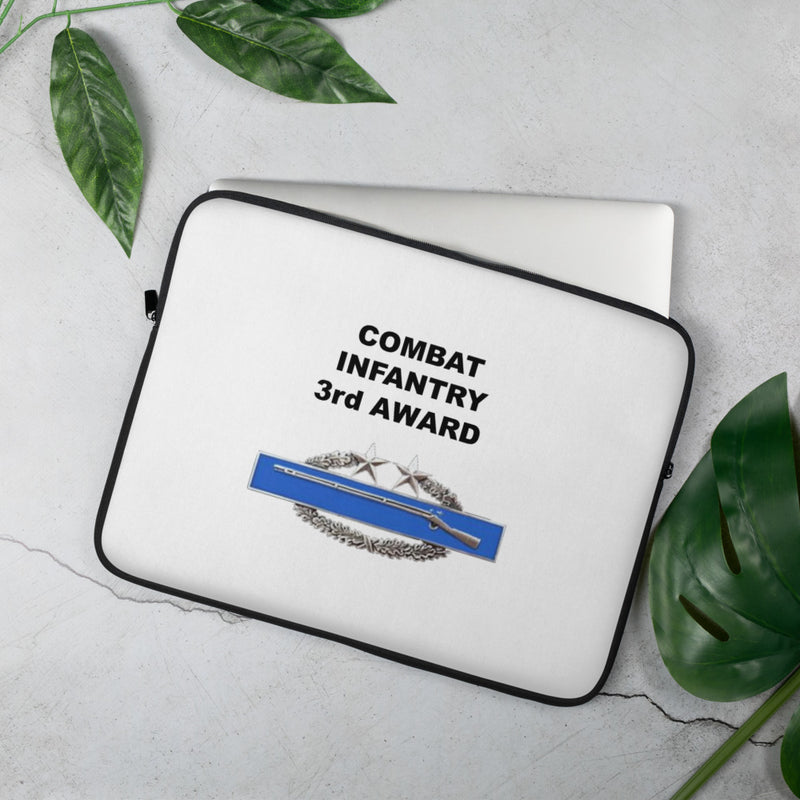 A lightweight and water-resistant white Laptop Sleeve with the Combat Infantry 3rd Award logo printed on top. The laptop sleeve is designed to fit a 15" laptop.