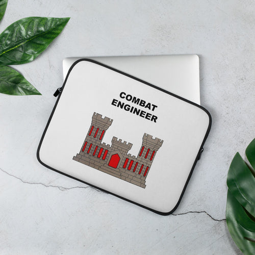 A lightweight and water-resistant white Laptop Sleeve with the Combat Engineer logo printed on top. The laptop sleeve is designed to fit a 13" laptop.