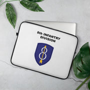 A lightweight and water-resistant white Laptop Sleeve with the 8th Infantry Division logo printed on top. The laptop sleeve is designed to fit a 15" laptop.