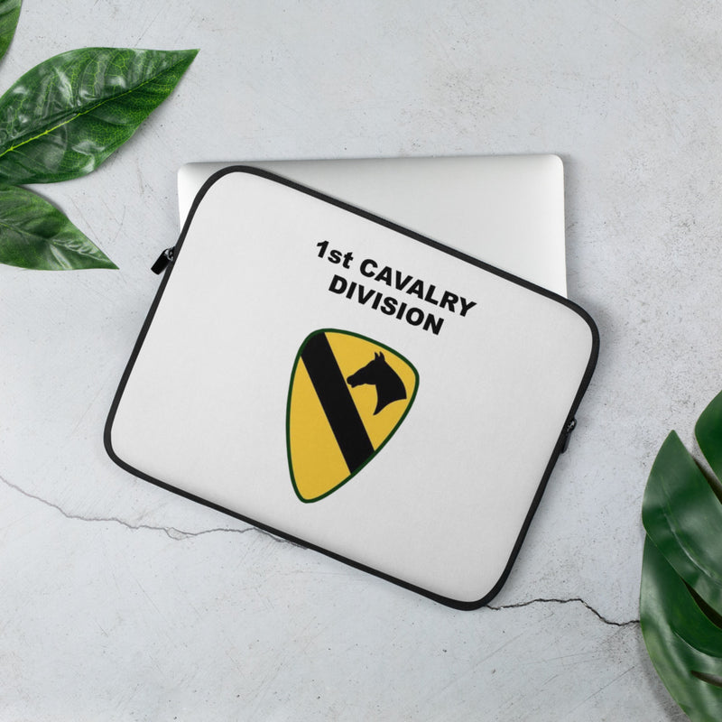 A lightweight and water-resistant white Laptop Sleeve with the 1st Cavalry Division logo printed on top. The laptop sleeve is designed to fit a 13" laptop.