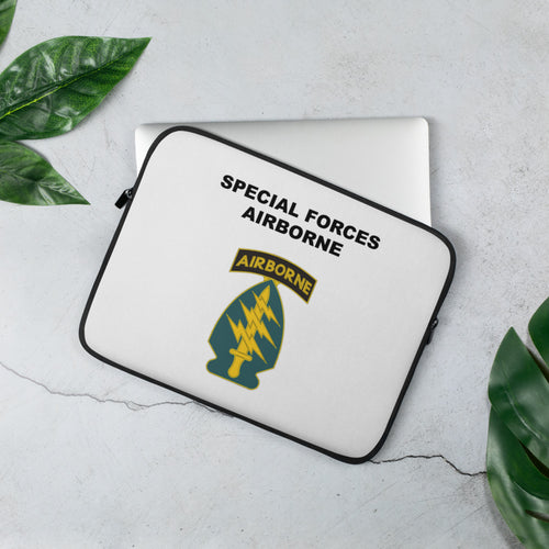 A lightweight and water-resistant white Laptop Sleeve with the Army Special Forces Airborne logo printed on top. The laptop sleeve is designed to fit a 13" laptop.
