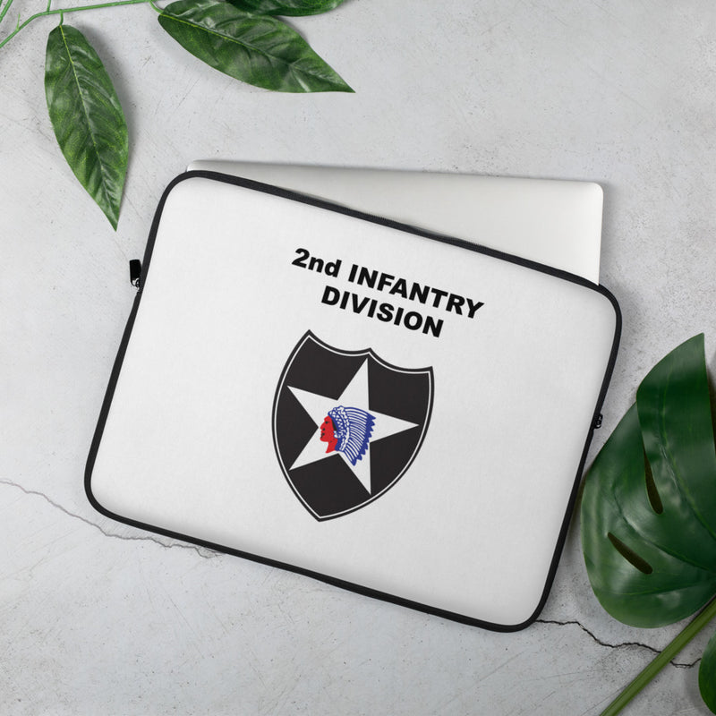 A lightweight and water-resistant white Laptop Sleeve with the 2nd Infantry Division logo printed on top. The laptop sleeve is designed to fit a 15" laptop.