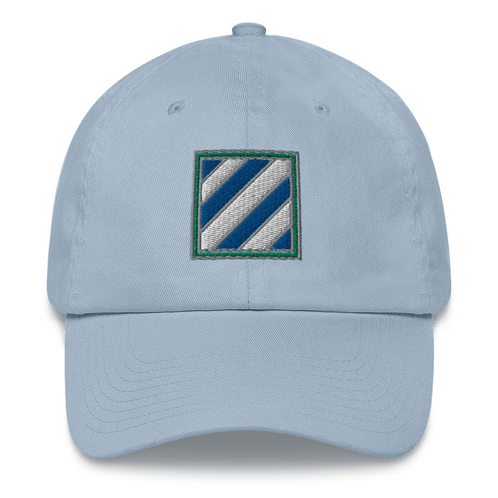 A light blue 3rd Infantry Division Hat with the logo on the front.  The hat has a curved visor and an adjustable strap at the back.