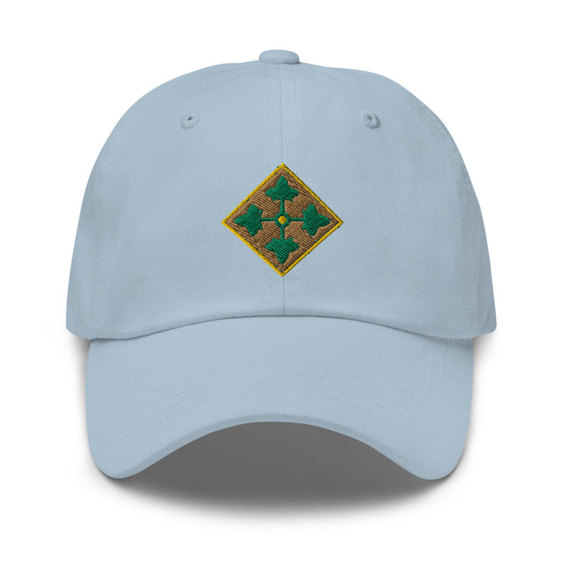 A light blue 4th Infantry Division Division Hat with the logo on the front.  The hat has a curved visor and an adjustable strap at the back.