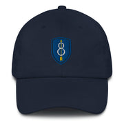 A navy blue 8th Infantry Division Hat with the logo on the front.  The hat has a curved visor and an adjustable strap at the back.