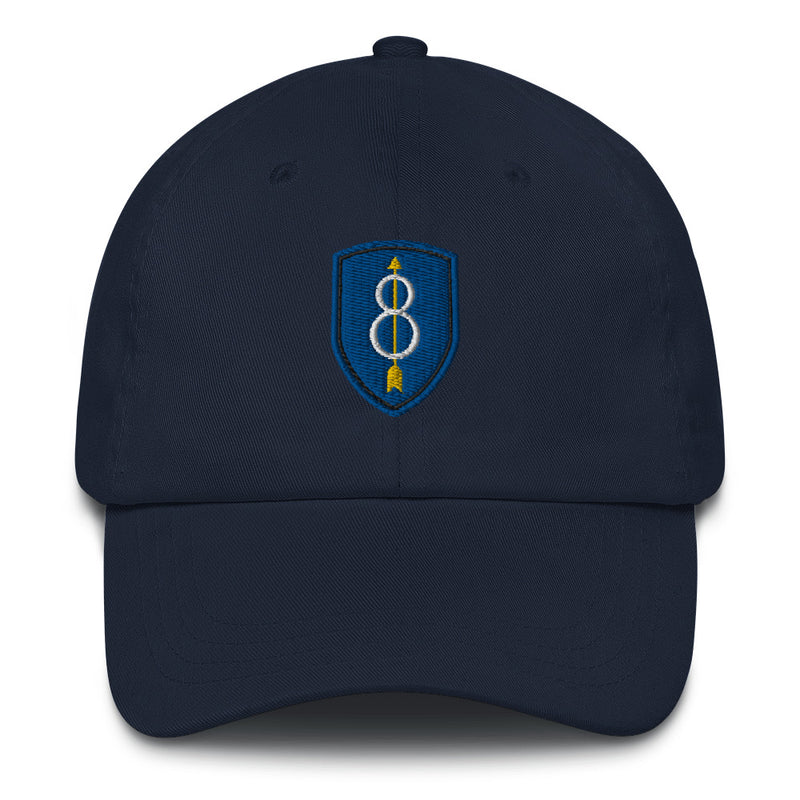 A navy blue 8th Infantry Division Hat with the logo on the front.  The hat has a curved visor and an adjustable strap at the back.