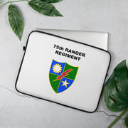 A lightweight and water-resistant white Laptop Sleeve with the 75th Ranger Regiment logo printed on top. The laptop sleeve is designed to fit a 15" laptop.