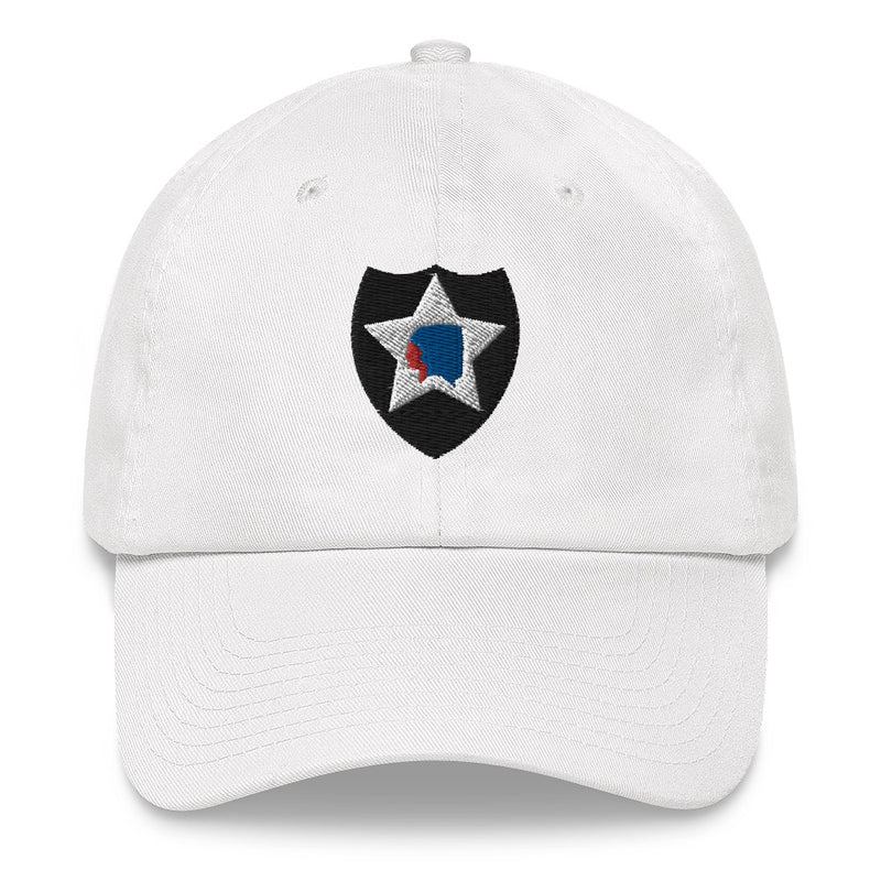 A white 2nd Infantry Division Hat with the logo on the front.  The hat has a curved visor and an adjustable strap at the back.