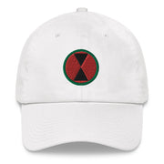 A white 7th Infantry Division Hat with the logo on the front.  The hat has a curved visor and an adjustable strap at the back.