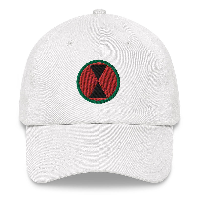 A white 7th Infantry Division Hat with the logo on the front.  The hat has a curved visor and an adjustable strap at the back.