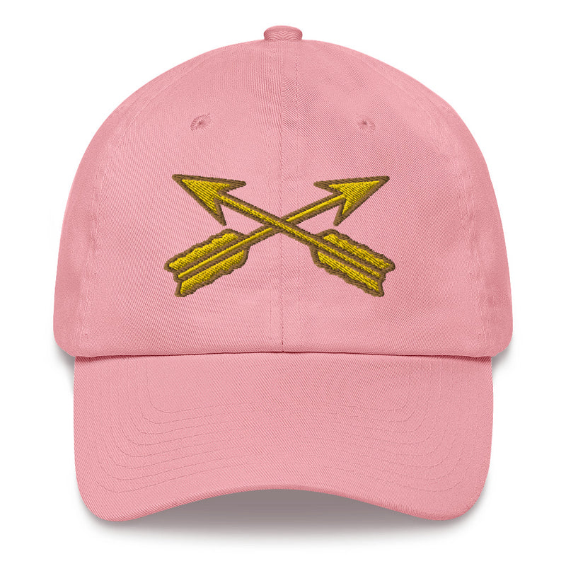 A pink Special Forces Division Hat with the logo on the front.  The hat has a curved visor and an adjustable strap at the back.