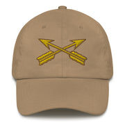 A khaki colored Special Forces Division Hat with the logo on the front.  The hat has a curved visor and an adjustable strap at the back.