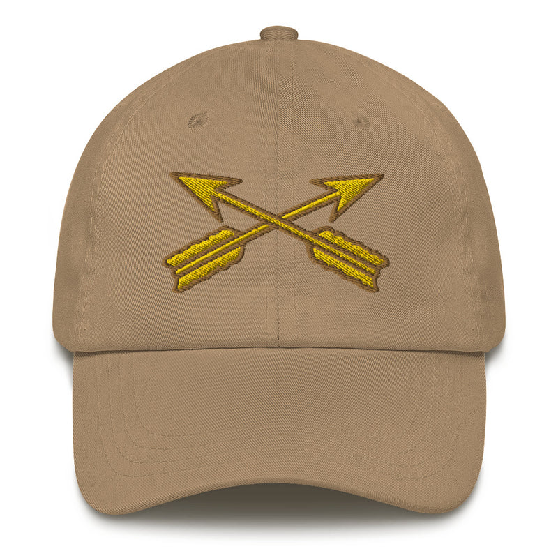 A khaki colored Special Forces Division Hat with the logo on the front.  The hat has a curved visor and an adjustable strap at the back.