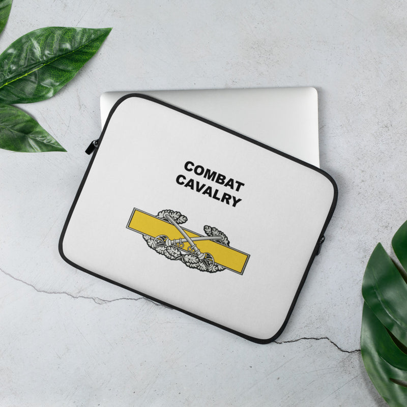 A lightweight and water-resistant white Laptop Sleeve with the Combat Cavalry logo printed on top. The laptop sleeve is designed to fit a 13" laptop.