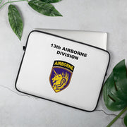 A lightweight and water-resistant white Laptop Sleeve with the 13th Airborne Division logo printed on top. The laptop sleeve is designed to fit a 15" laptop.