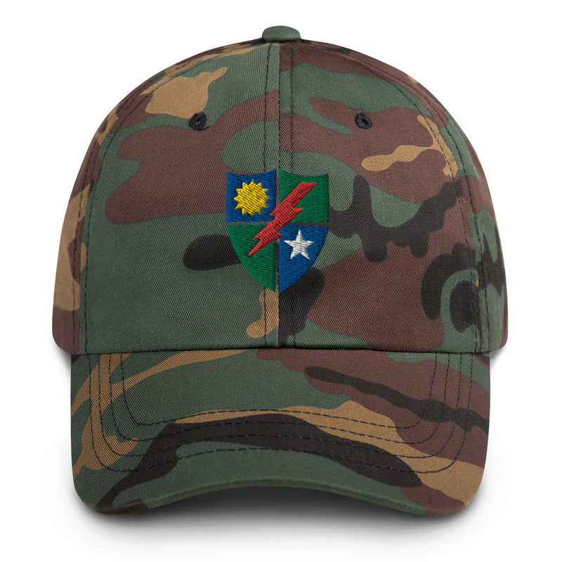 A military style 75th Ranger Regiment Hat with camouflage and the logo on the front.  The hat has a curved visor and an adjustable strap at the back. 
