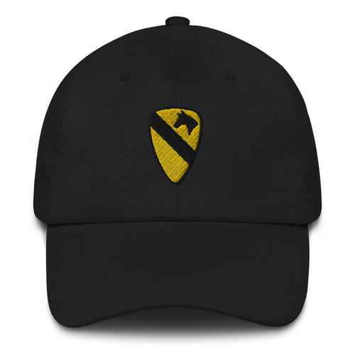 A black 1st Cavalry Division Hat with the logo on the front.  The hat has a curved visor and an adjustable strap at the back.