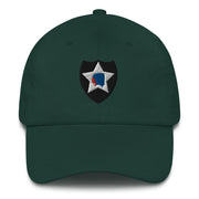 A spruce colored 2nd Infantry Division Hat with the logo on the front.  The hat has a curved visor and an adjustable strap at the back.