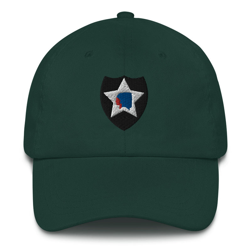 A spruce colored 2nd Infantry Division Hat with the logo on the front.  The hat has a curved visor and an adjustable strap at the back.